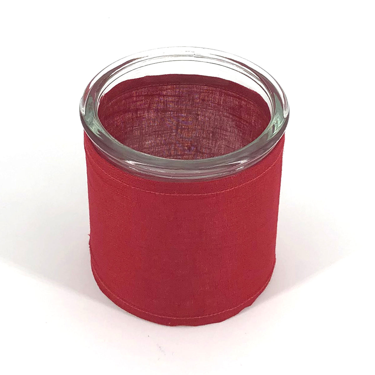 Windlicht aus Glas mit Stoffbezug rot