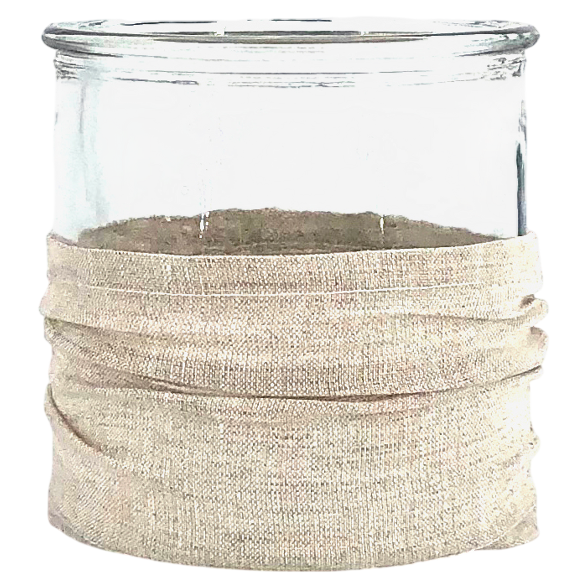 Windlicht aus Glas mit Stoffbezug natur sand