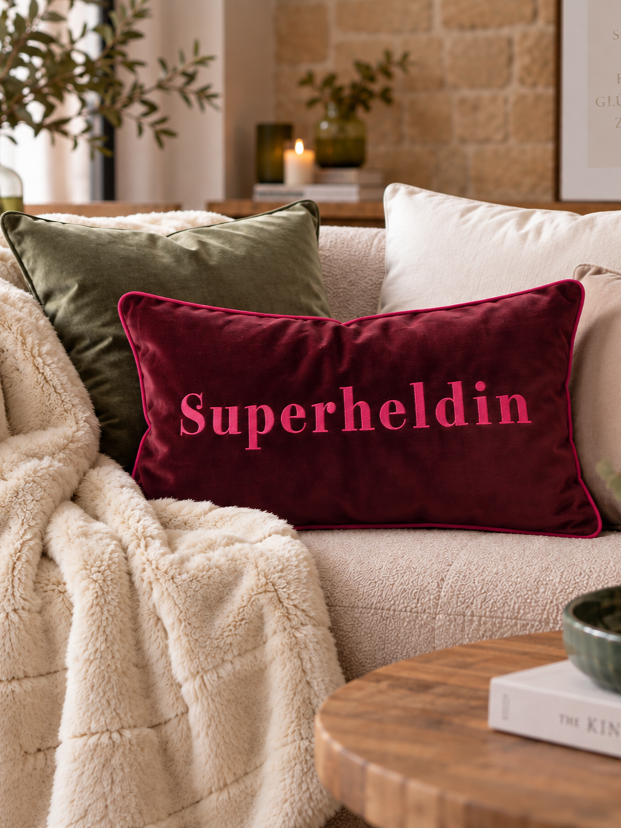 Pad Letters Kissenhülle 30x50cm SUPERHELDIN burgundy