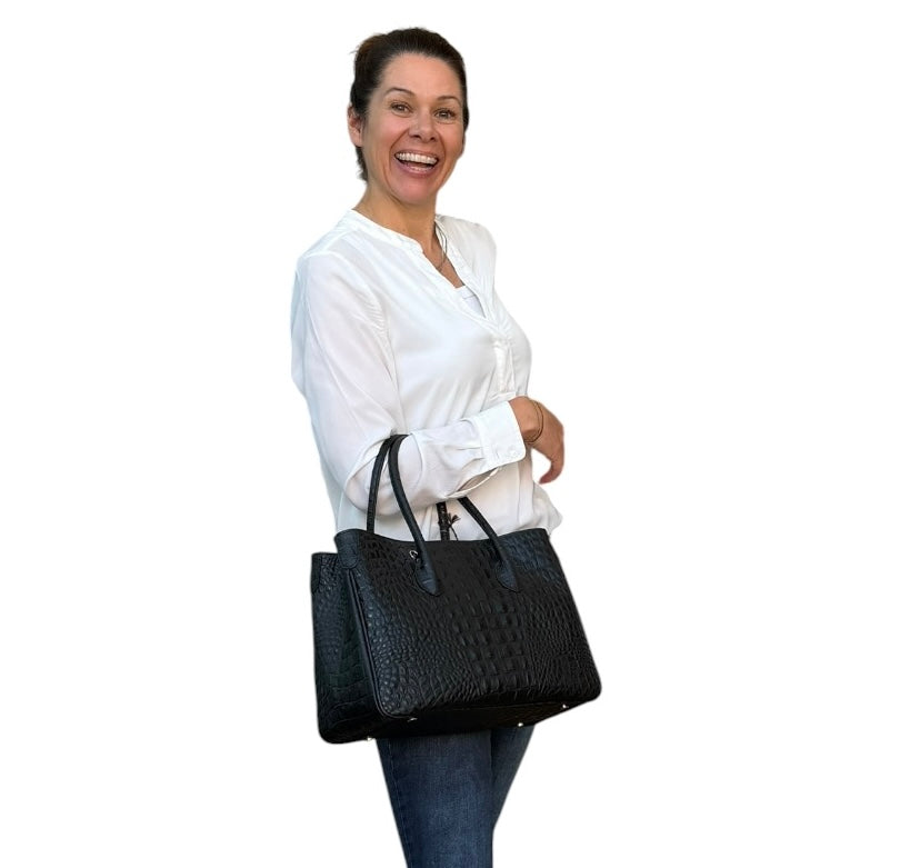 Maxima Handtasche mittel, schwarz Kroko-Optik