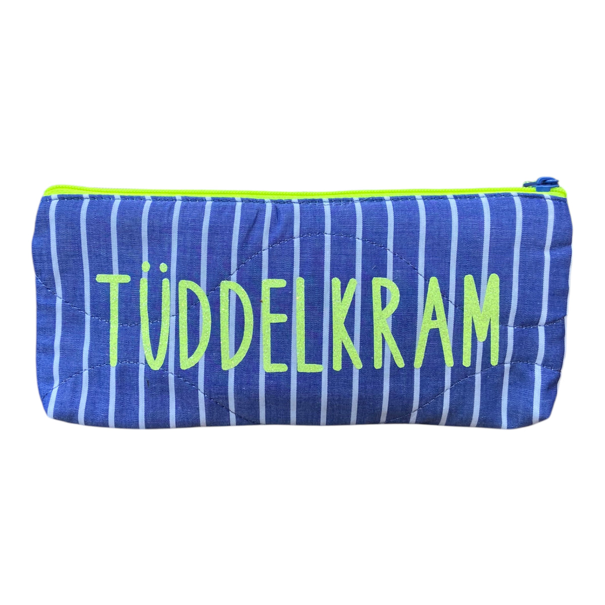 Frau Heidelberg Kosmetiktasche S blau,weiße Streifen, Neon gelb  Gilzer-Schriftzug Tüdelkram