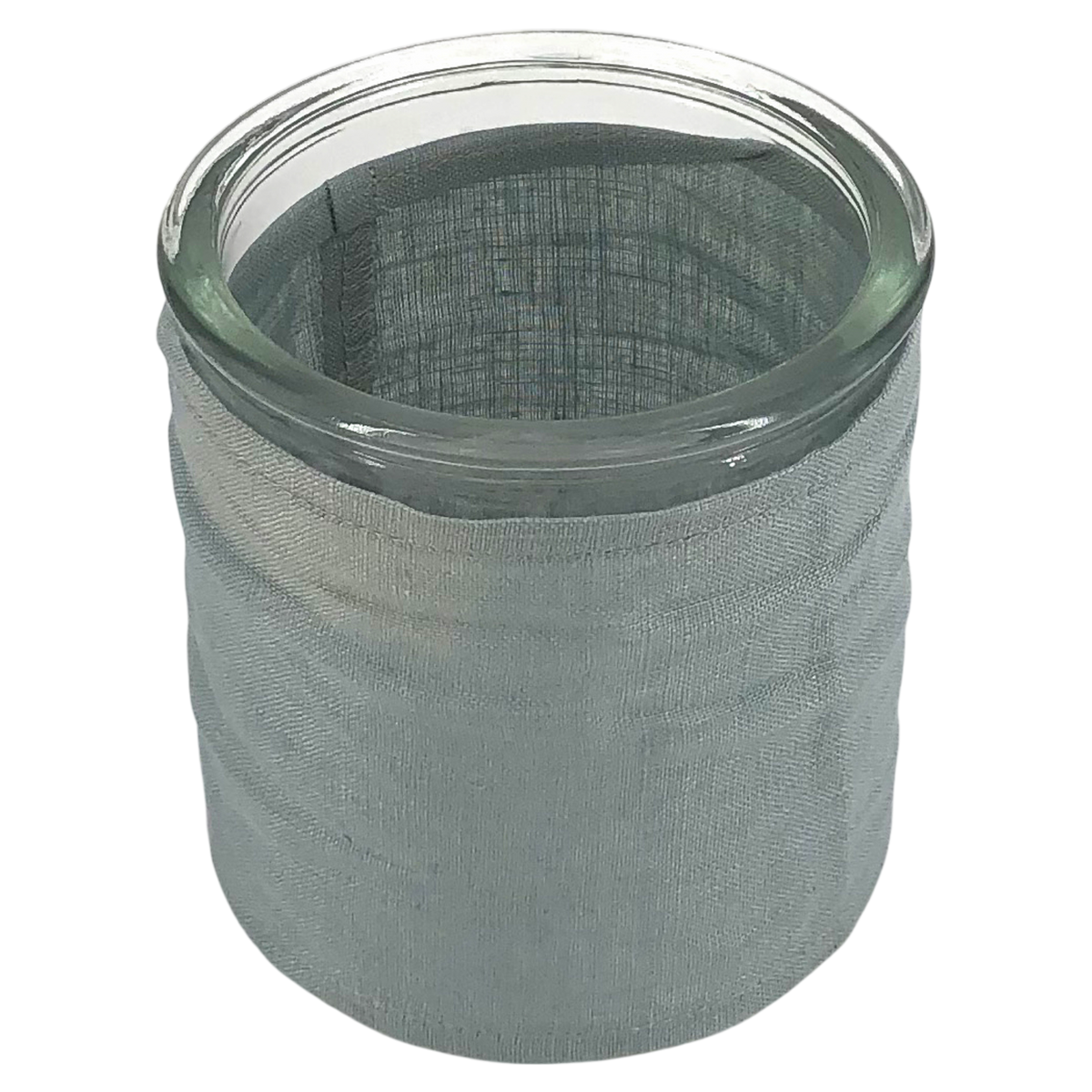 Windlicht aus Glas mit Stoffbezug grau