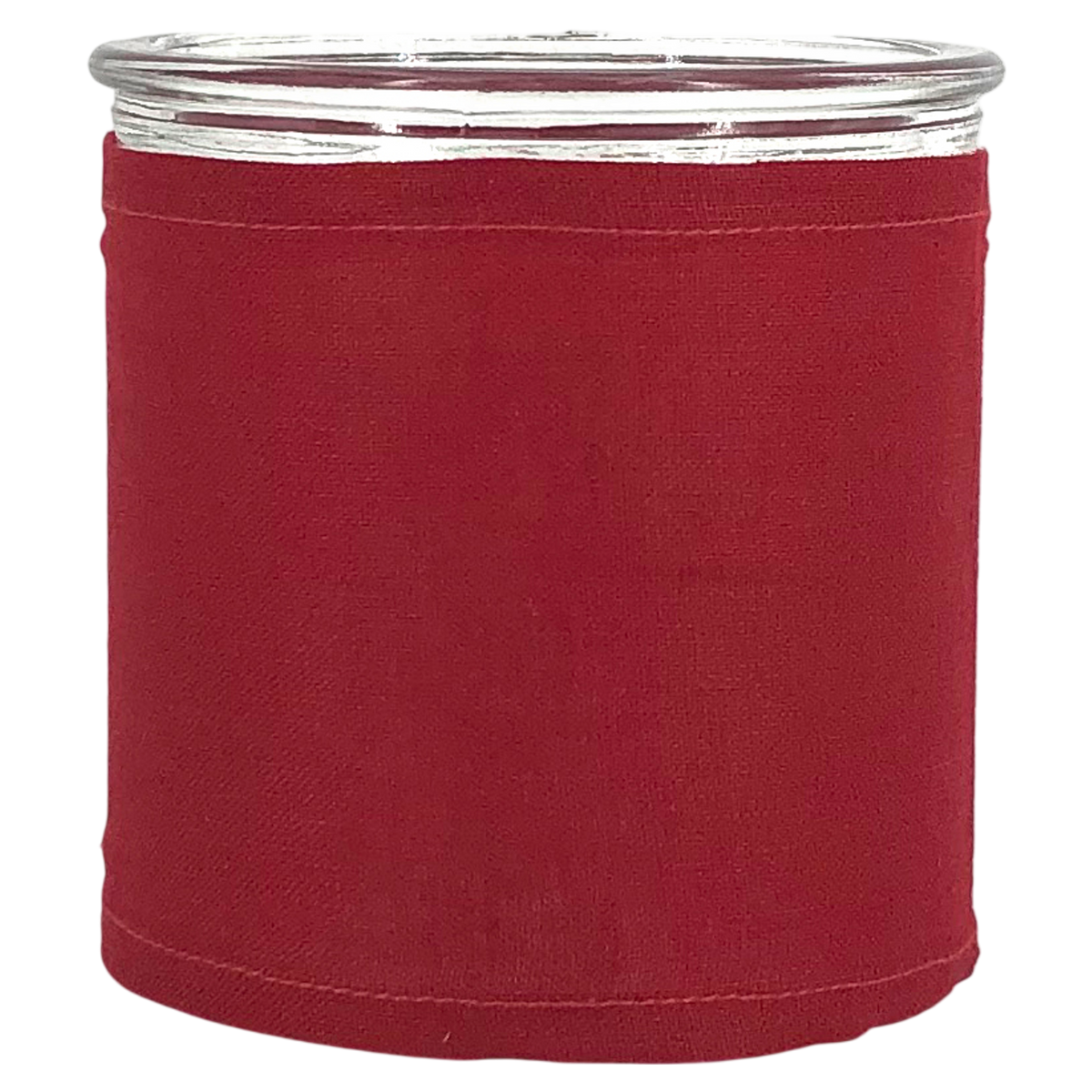 Windlicht aus Glas mit Stoffbezug rot