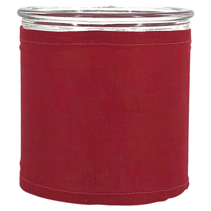 Windlicht aus Glas mit Stoffbezug rot