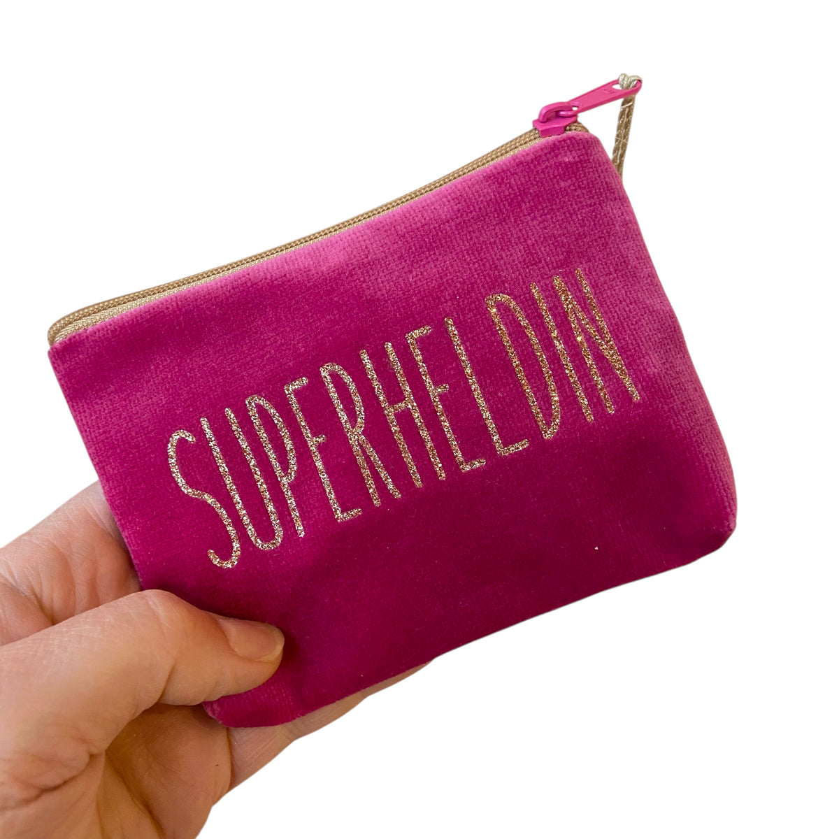 Frau Heidelberg Kosmetiktasche S pink, Glitzer Gold SUPERHELDIN