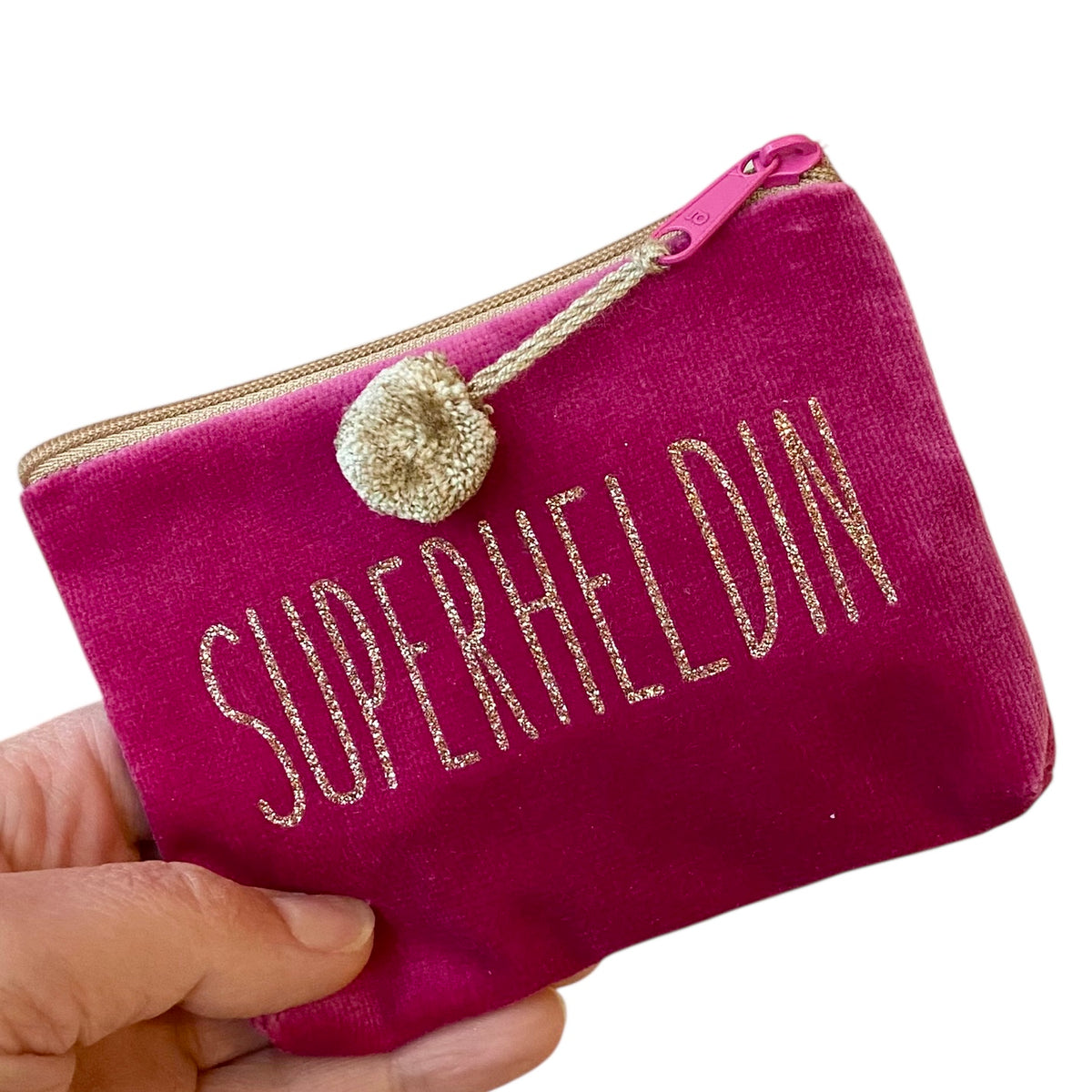 Frau Heidelberg Kosmetiktasche S pink, Glitzer Gold SUPERHELDIN