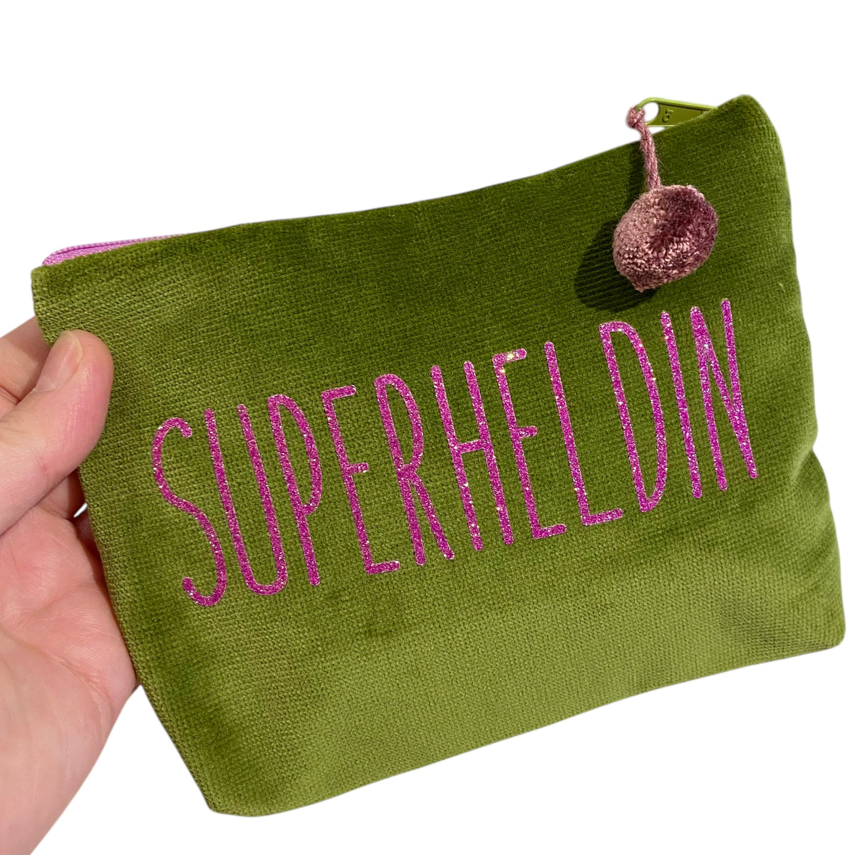 Frau Heidelberg Kosmetiktasche M moosgrün, Glitzer Pink SUPERHELDIN