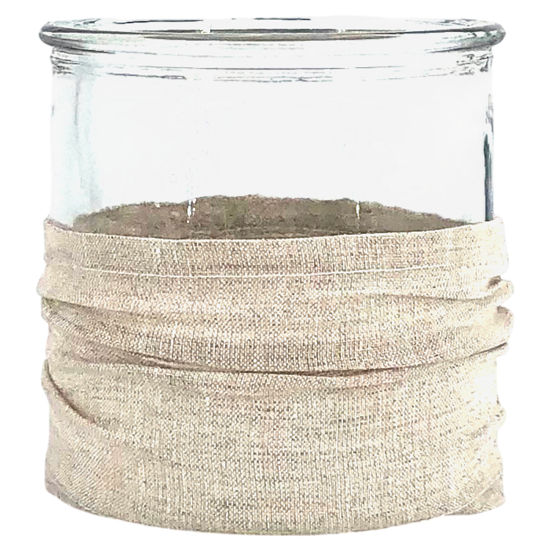Windlicht aus Glas mit Stoffbezug natur sand
