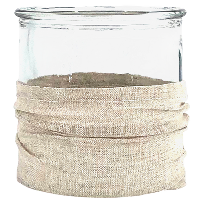 Windlicht aus Glas mit Stoffbezug natur sand