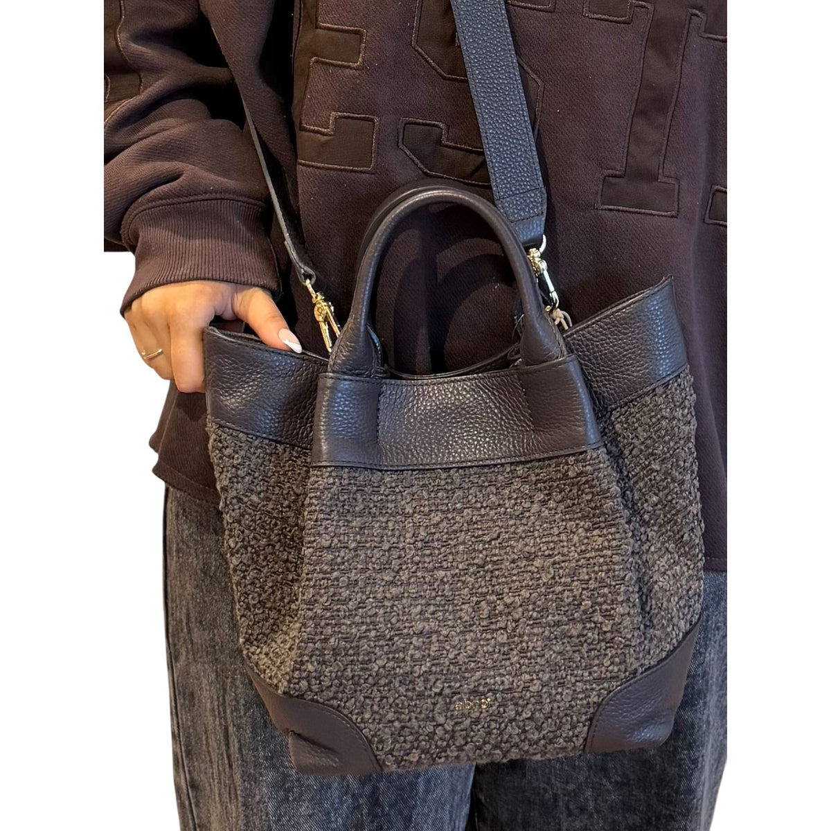 abro ESSENTIAL Handtasche small Leder &amp; Bouclé, dark brown