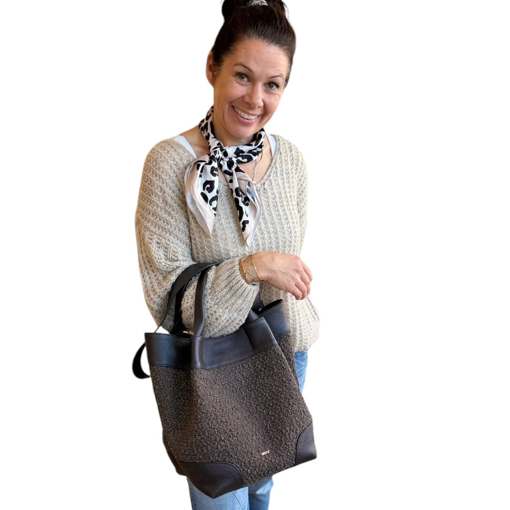 abro ESSENTIAL Shopper medium Leder &amp; Bouclé, Dunkelbraun