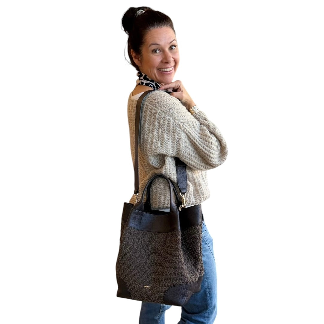 abro ESSENTIAL Shopper medium Leder &amp; Bouclé, Dunkelbraun