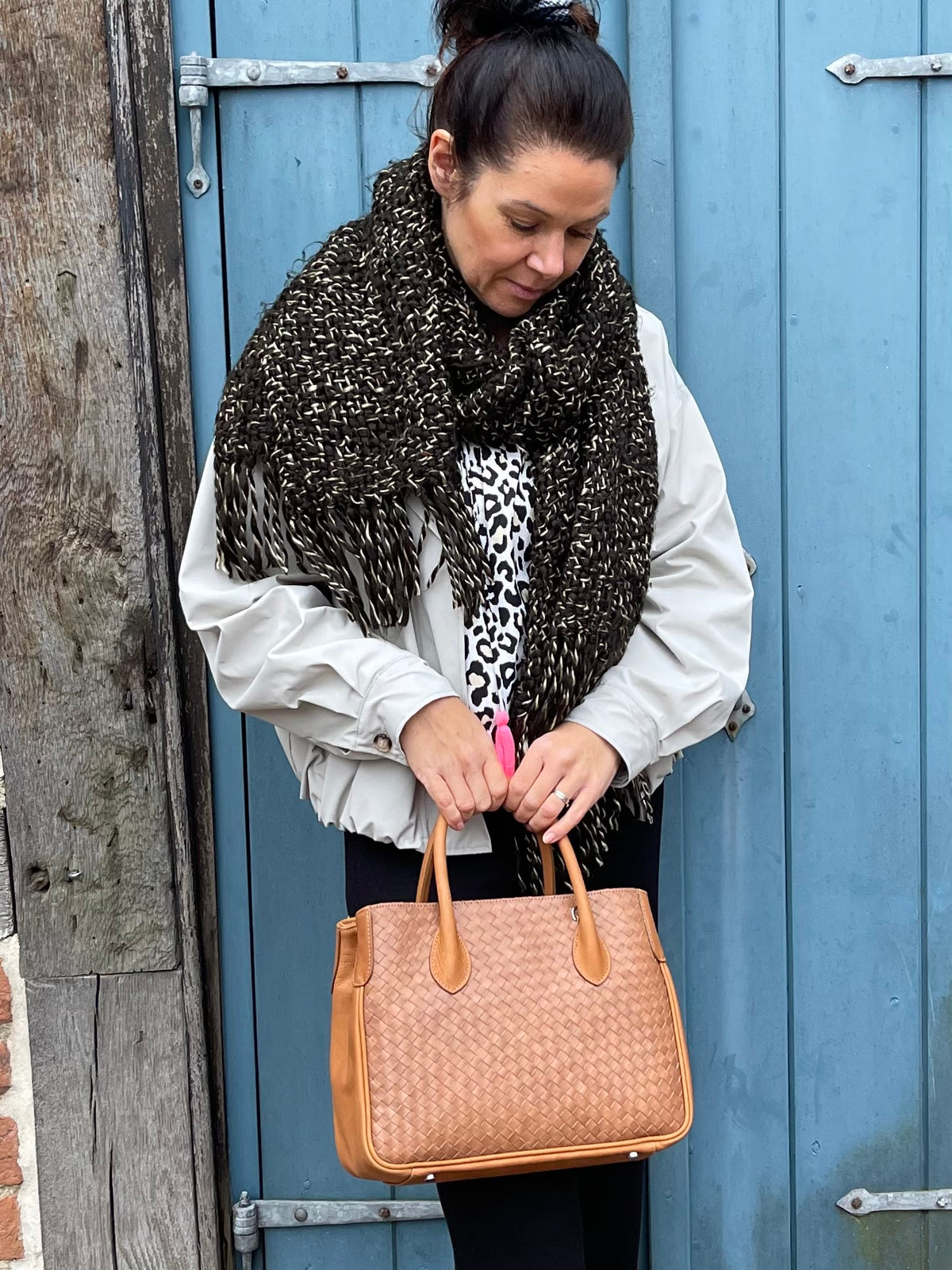 Maxima Handtasche im Flechtmuster klein, biscotto, cognac